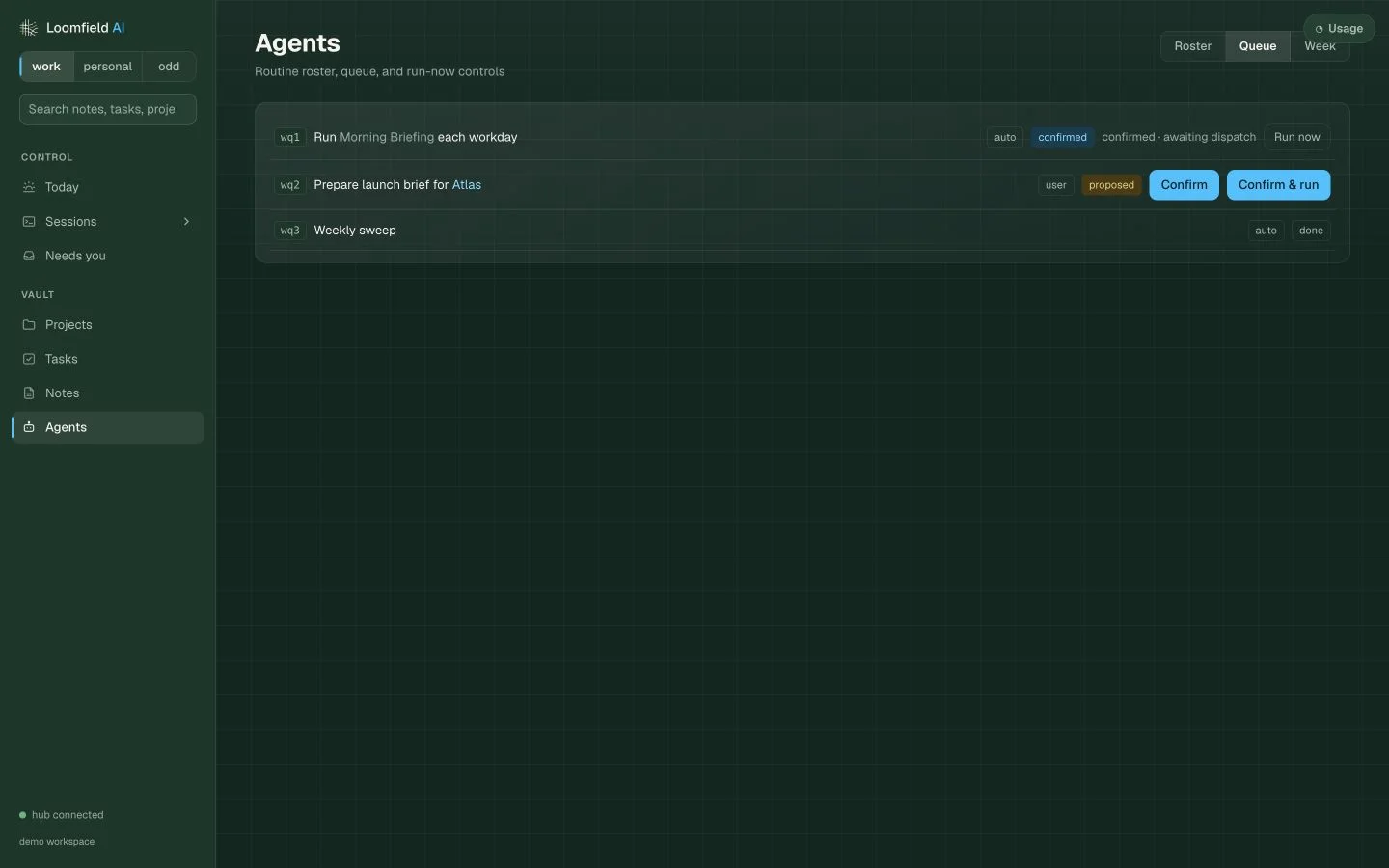 Loomfield Agents Queue showing proposed and scheduled work